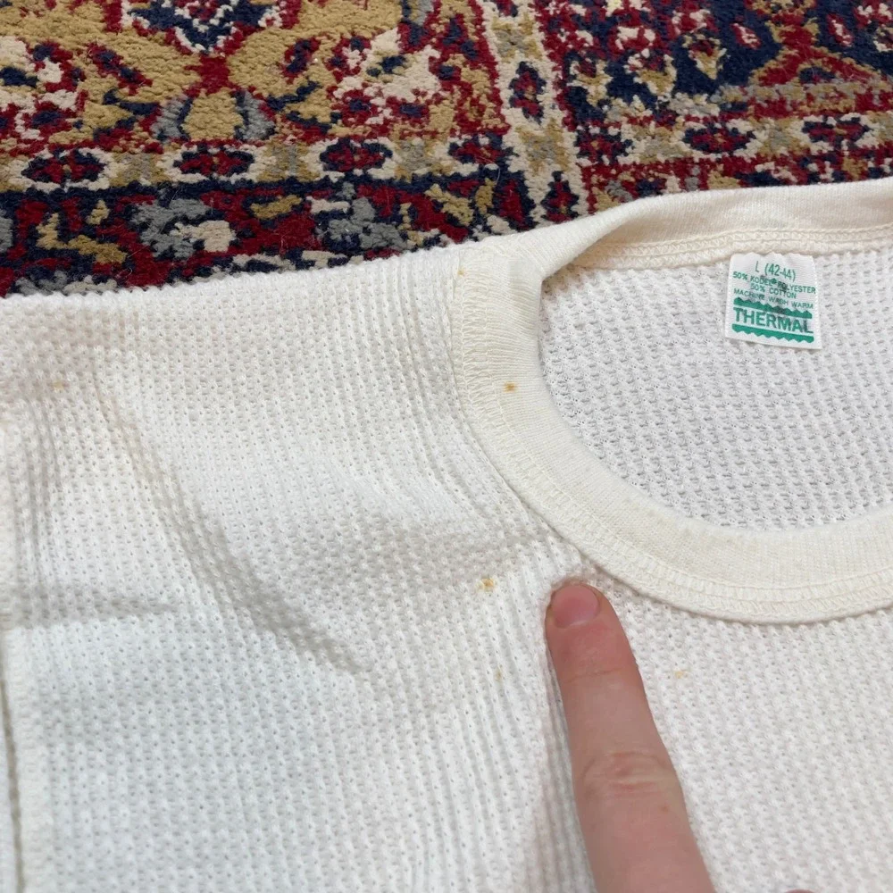 Mens White Thermal Long Sleeve Crew Neck Shirt L 42-44 50% Polyester 50% Cotton‎